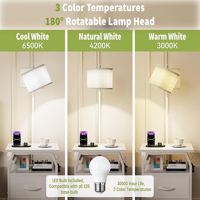 Floor Lamp with Table, End Tables with Lamps Attached 3-Color Temperature Bulb, Side Table with Lamp with 2 Drawers & Charging, Lamps Tables Combo for Bedroom, Dorm, Apartment - White
