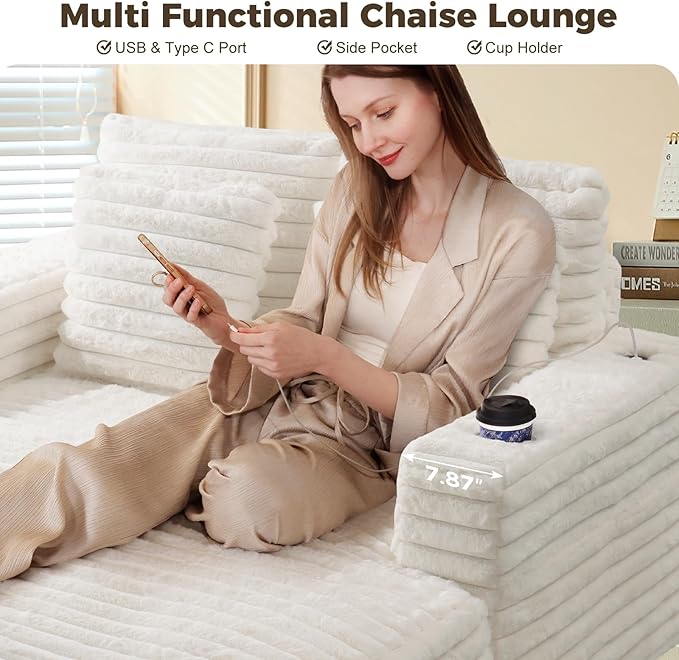 HUSFU 60'' Oversized Chaise Lounge Chair, Upholstered Sofa Bed, Sleeper Couch Reading Chairs with USB Port and Cup Holders,Comfy Cloud Sofas Couches for Living Room,Beige