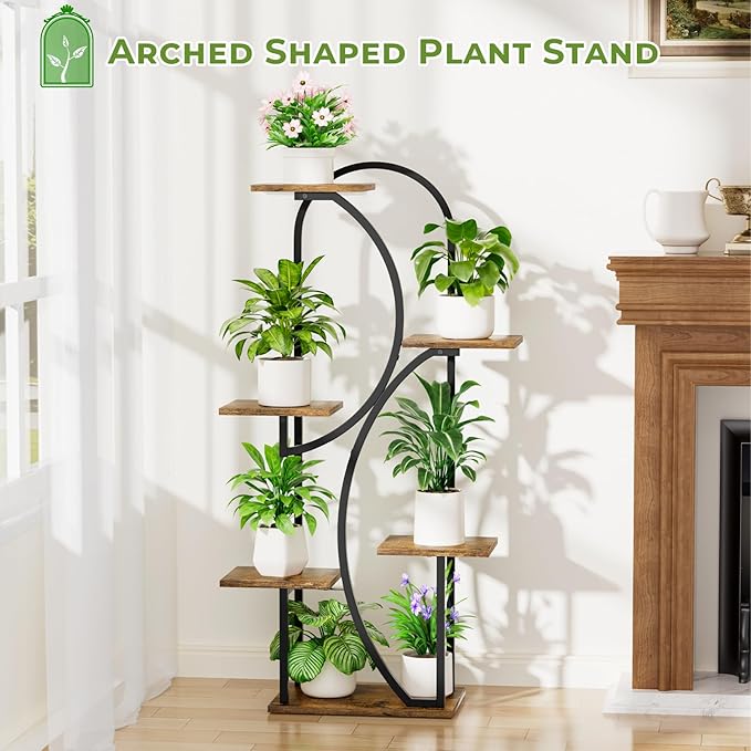 Plant Stand Indoor With Grow Lights - 47" Indoor Plant Shelf, 6-Tiered Corner Plant Stand For Multiple Plants, Lighted Arch-Shaped Flower Display Rack For Living Room, Patio, Hallway