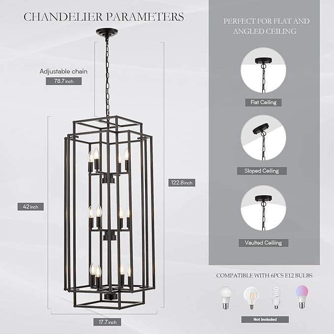 12-Light Lantern Tiered Pendant Light Fixtures, Black Metal Farmhouse Chandelier Hall Foyer Hanging Chandelier for Kitchen Island Dining Room Living Room Foyer Entryway, Black