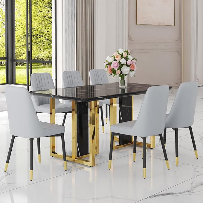 TesNus 63" Black Dining Table Set for 6 with Chairs,Modern Faux Marble Rectangular Kitchen Table and Chairs Set Luxury 7 Piece Dining Room Set with Gold Metal Legs,Easy Assemble,Stable Base