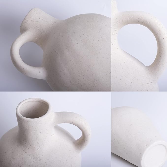 BlossoME Antique Ceramic White Vase for Home Decor, Stoneware Jug for Room Centerpiece, Rustic, Farmhouse and Vintage Pottery Gifts, Matte, with Handle-Height 10”