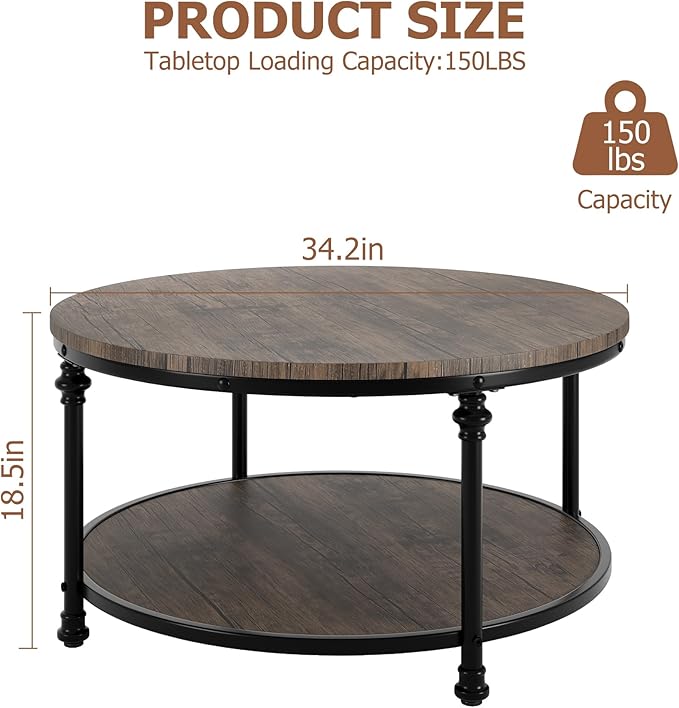 Garvee Round Coffee Table, 2 Tier Center Table with Storage for Living Room, 34.5 x 18 Inches, Wood Center Table for Living Room, Apartment, Easy to Assemble