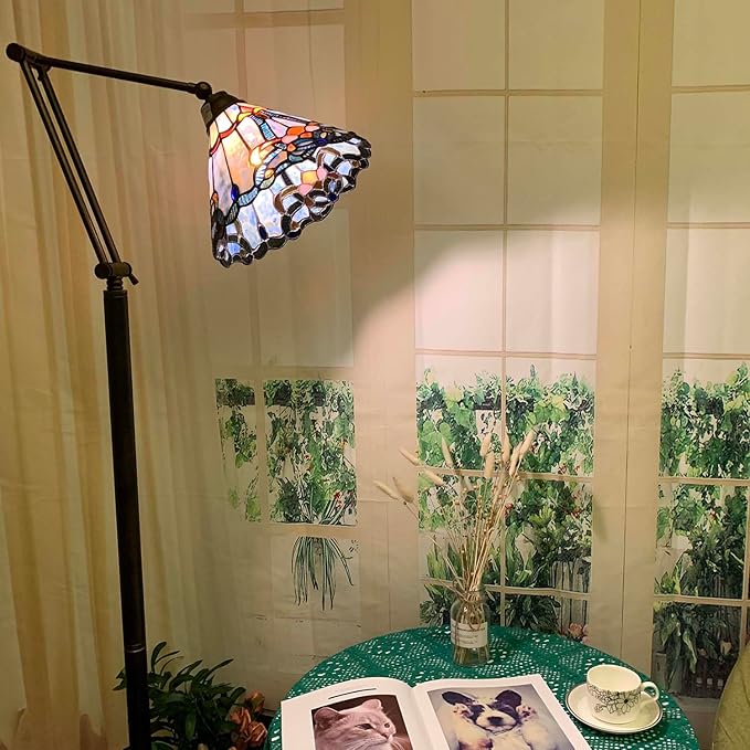 Bieye L10685 Baroque Tiffany Style Stained Glass Swing Arm Floor Lamp, 75 inch Tall, Blue