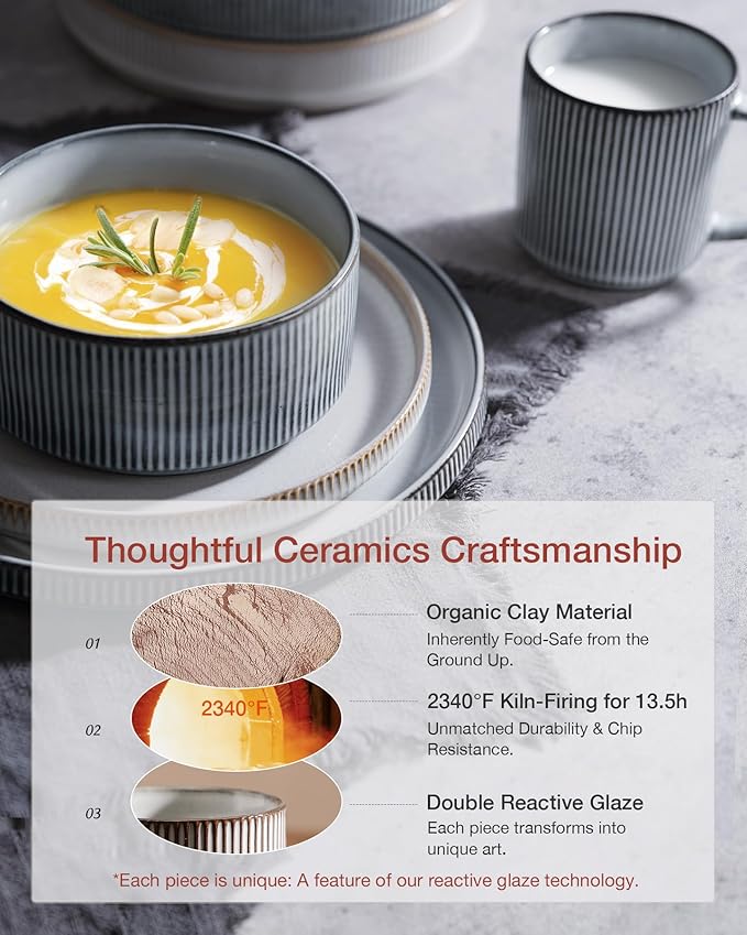 Famiware Star Dinnerware Set, Plates and Bowls Sets for 8 (24pcs), Ribbed Stoneware Dishes - Chip & Scratch Resistant, Microwave & Dishwasher Safe, Multicolor - Cappuccino White & Smoky Blue