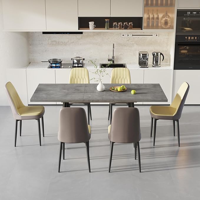 7 Piece Dining Table Set for 6-8,55-71" Extendable Dining Table Set with 6 Upholstered Chairs,Rectangle Kitchen Table Set for Small Space,Dining Room and Office,Grey