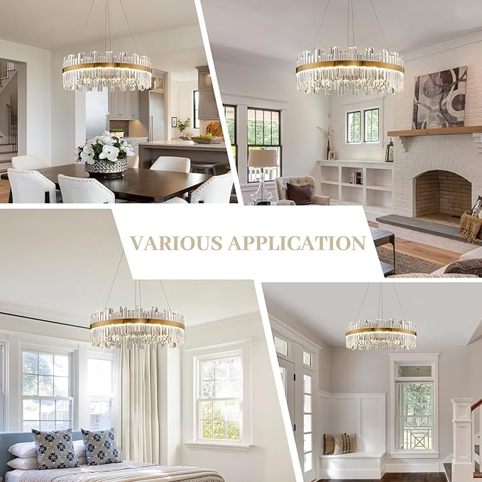 23.6" Dimmable Modern LED Crystal Chandeliers,Gold Chandelier Light Fixture, 3 Colors Contemporary Pendant Ceiling Light for Dining Room Living Room Kitchen Island Entryway Foyer ,With Remote Control