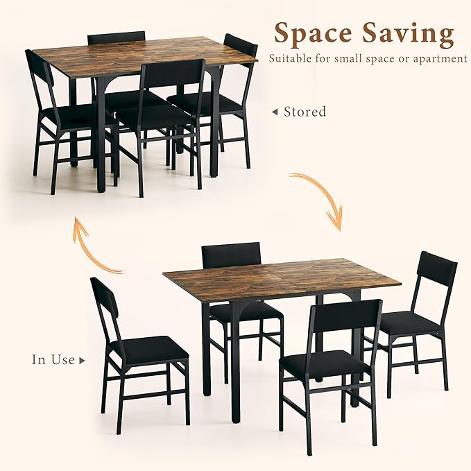 Dining Table Set for 4, Extendable Kitchen Table Cushion Chairs Set of 4, Rectangle Dining Table with Metal Frame & MDF Board, Folding for Small Apartment Saving Space, Rustic Brown