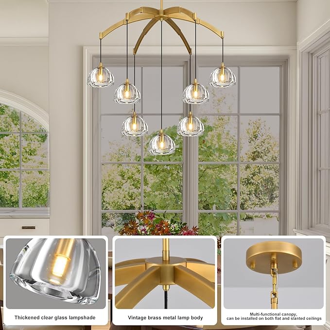 Modern Gold Chandelier, 34 inch Crystal Chandeliers for Dining Room (7-Light), Elegant Decoration Light for Living Room, Foyer Brass Chandeliers