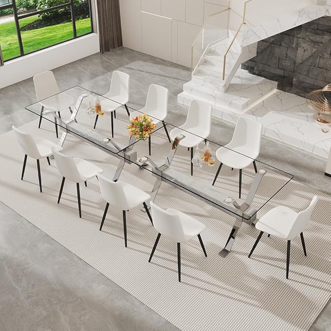 71'' Glass Dining Table Set for 6,7 Piece Dining Table Set with Tempered Glass Tabletop and Open‑Frame X‑Shaped Metal Base,Kitchen Table and Chairs Ideal for Dining Room&Home Office