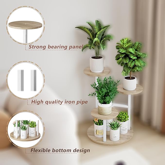 Plant Stand Indoor 4 Tier 5 Potted Multiple Flower Pot Holder for Patio Garden Balcony Living Room Corner (4 Tier White+Sonoma Oa)