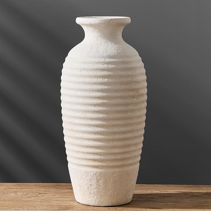 Ceramic Natural Rustic Vase, 14.4 Inch Large Vintage Flower Threaded Decorative Farmhouse Tall Vase for Home Decor, Living Room, Shelf Decor, Wedding, Housewarming Gift, Off-White