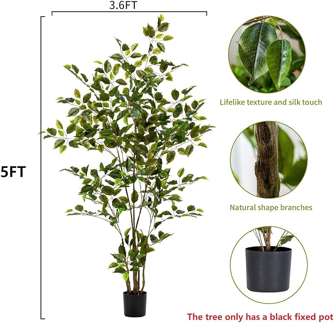 Artificial Ficus Tree Indoor 5ft, Large Potted Faux Tree with Realistic Silk Leaves & Trunk for Home Office, Living Room Corner Decor