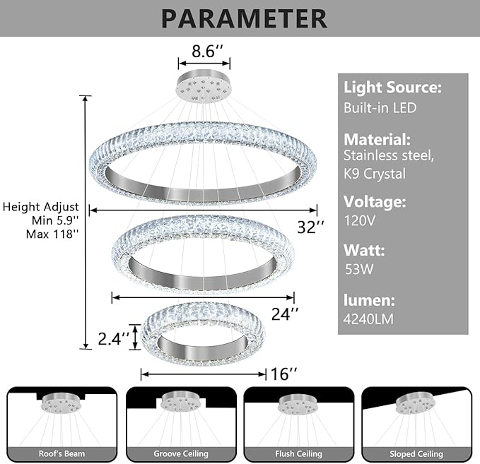 31.5" 3 Ring Crystal Chandelier Modern LED Dimmable Ring Pendant Light Round Chandelier for Dining Room Living Room Silver