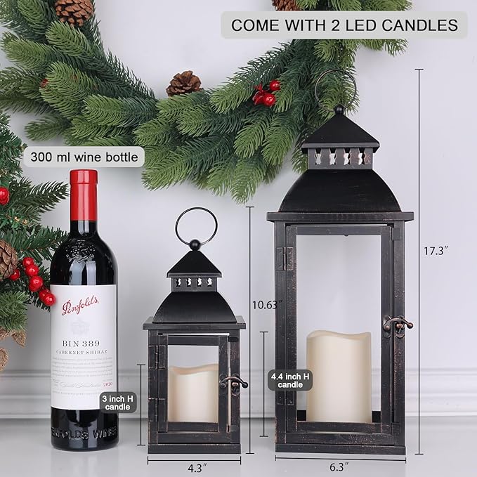 NEEDOMO LED Lanterns Decorative Outdoor&Indoor, Set of 2 Large Bronze Metal Lantern Decor with LED Candle, Lantern Decor for Porch, Patio, Garden, Balcony, Wedding, Spring Decorations (NO Glass)