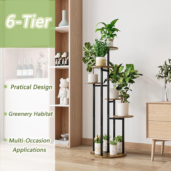 Plant Stand Indoor 6 Tier 9 Potted Multiple Flower Pot Holder for Patio Garden Balcony Living Room Corner (6 Tier Black+Rustic Brown)