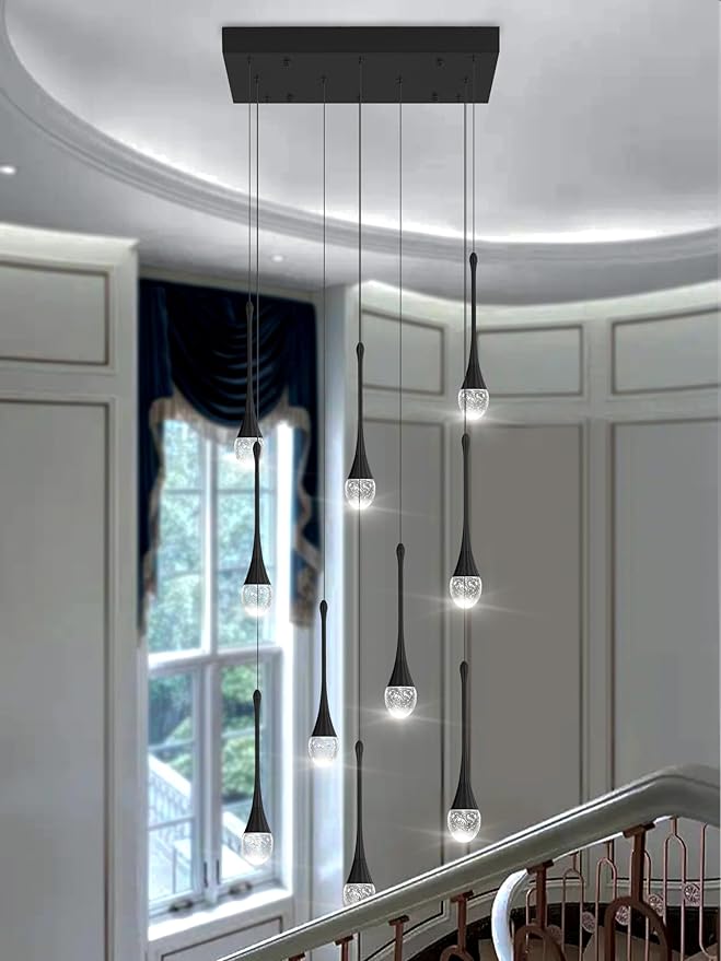 Rectangular Chandeliers for Living Room Black Dining Room Lights Fixture Raindrop Pendant Lights Kitchen Island Crystal Chandelier for Staircase Hallway Foyer Entryway