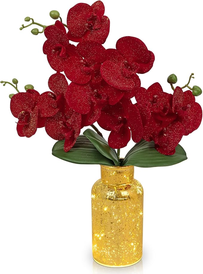 Red Orchids Artificial Flowers Faux Orchid Arrangement with Gold Glass Vase Real Touch Velvet Phalaenopsis Orchid Flowers Orchids Centerpiece for Dining Room Table