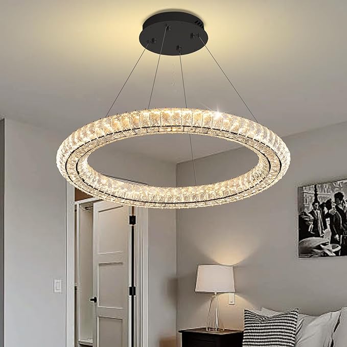 Dimmable LED 31.5" Ring Chandelier Adjustable Black Round Crystal Chandelier for Dining Room Living Room