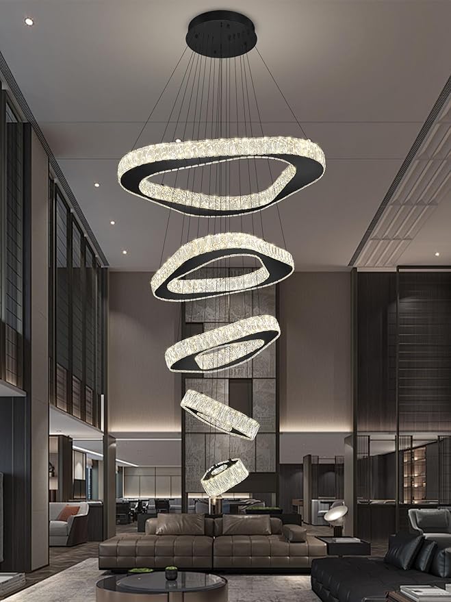Large Modern Chandelier 5 Ring Chandeliers for High Ceiling Dimmable Black Chandelier High Ceiling Foyer Chandeliers for Living Room Dining Room Staircase
