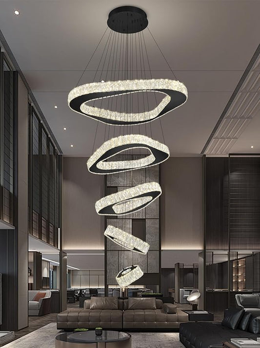 Large Modern Chandelier 5 Ring Chandeliers for High Ceiling Dimmable Black Chandelier High Ceiling Foyer Chandeliers for Living Room Dining Room Staircase