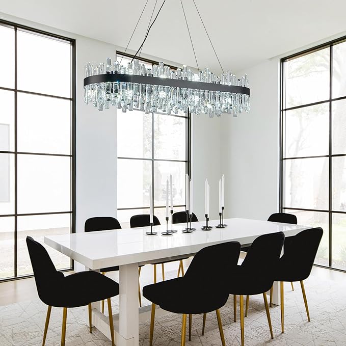 Rectangle Crystal Chandeliers, L43.4 inch 20-Light Black Chandelier Lighting Fixture, Height Adjustable Oval Pendant Ceiling Light for Dining Room Over Table Kitchen Island