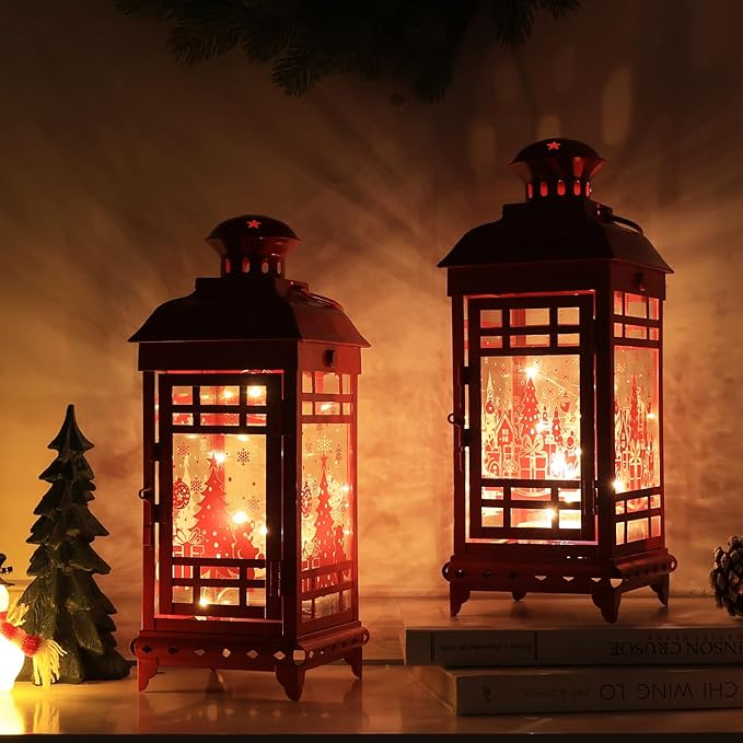 DECORKEY Christmas Decorations Outdoor&Indoor, 2PCS Red Decorative Candle Lanterns with Christmas Tree & Gift Box Patterns for Home Porch Centerpiece Table Decor Gift
