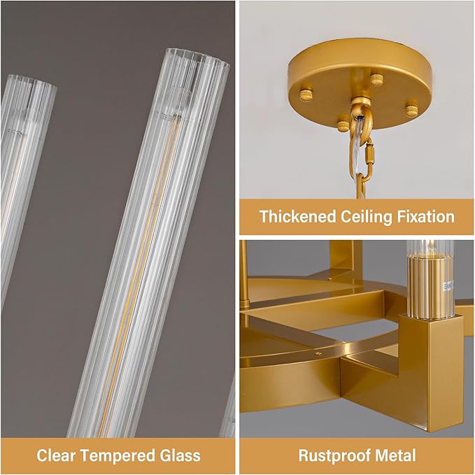 Farmhouse Chandelier with Glass Tube, Gold 6-Lights Wagon Wheel Chandeliers 35''Round Luxurious Large Chandelier Fixture Ceiling Pendant Lighting for Dining Living Room, Foyer