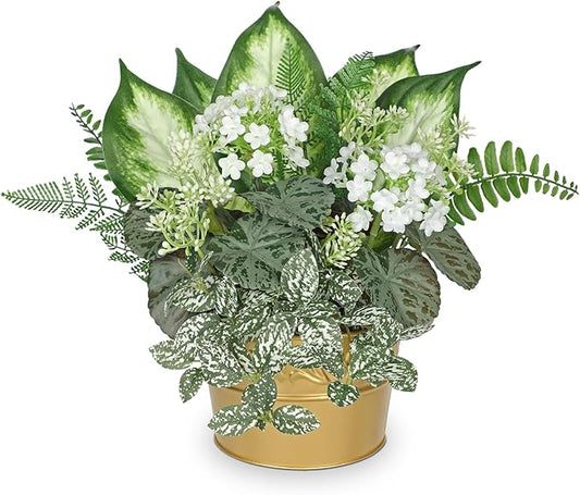 Fake Plants 11.8" Artificial Potted Plant Assorted Faux Plants in Gold Pot Silk Plants Artificial Plants Indoor for Home Living Room Bedroom Bathroom Office Table Centerpieces Shelf Greenery Decor