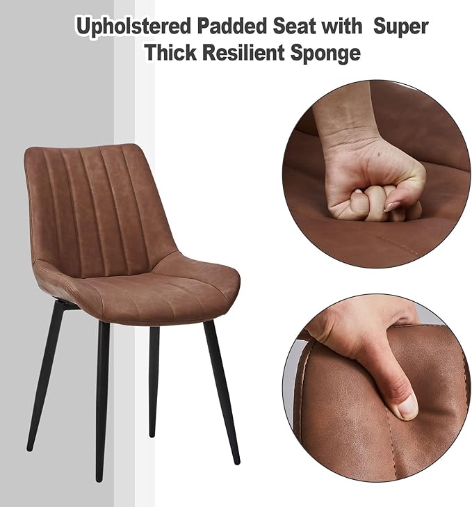 TUKAILAi Faux Leather Dining Chairs Set of 6, Modern Linear Design Kitchen Chairs with Upholstered Seat and Metal Legs, Comfortable Side Chairs for Dining Room Restaurant Commercial (Brown)