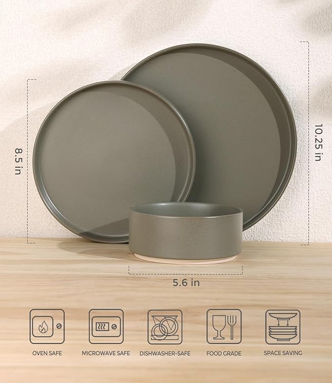 TheTerra Ceramic Dinnerware Sets for 4, 12 Pieces Handmade Reactive Glaze Plates and Bowls Set, Scratch Resistant Dish Set, Oven & Microwave & Dishwasher Safe, Matte Green