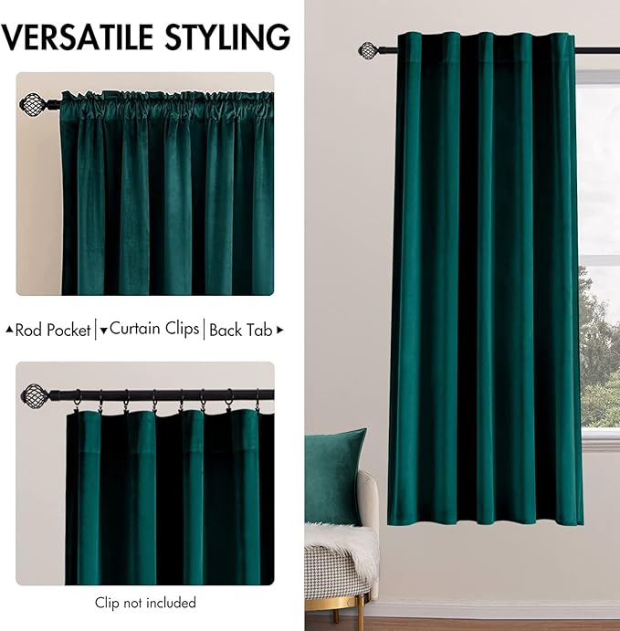MIULEE Velvet Curtains 63 inch Length 2 Panels - Luxury Blackout Curtains for Bedroom Living Room Thermal Insulated Christmas Home Decor Super Soft Window Drapes Rod Pocket & Back Tab, Emerald Green