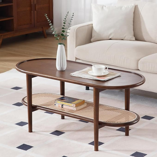 Modern Rattan Coffee Table, 39.5 Oval Walnut Wood Coffee Table with Storage Shelf for Living Room, 2-Tier Center Table Entryway Table Side Table Nightstand for Bedroom Office Small Space Cafe