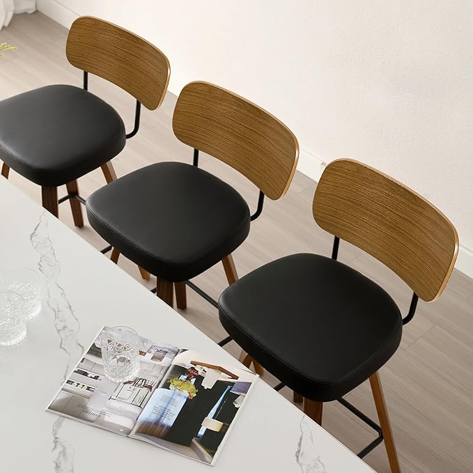 Swivel Counter Height Bar Stools Set of 4, Mid-Century Modern Upholstered Faux Leather Barstools with Wood Back, 26" Seat Height Bar Stools for Kitchen Island, Black Seat and Walnut Frame