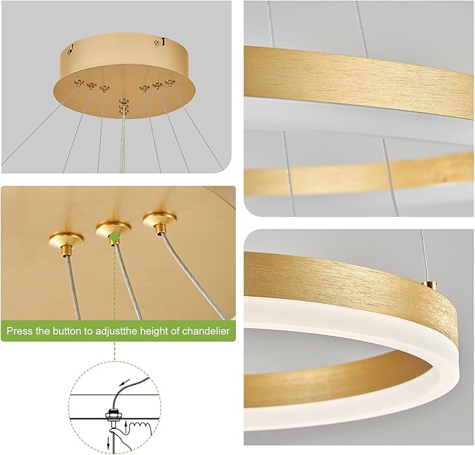 D31.5 Modern LED Chandelier Gold Dimmable 3 Ring Pendant Light for Dining Room, Kitchen Chandelier Circular with Remote Control Flush Mount High Ceiling Light for Living Room, 3000K-6500K