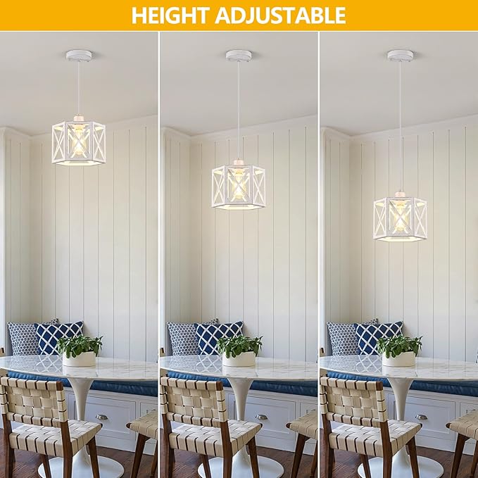 2 Pack Pendant Lights for Kitchen Island, Modern Pendant Lighting with White Hexagonal Cage, Vintage Metal Ceiling Lights, Adjustable Lantern Hanging Light Fixture for Foyer Entryway Bedroom