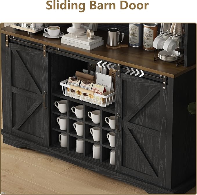 55 Inch Farmhouse Coffee Bar Cabinet with 3-Tier Storage, Kitchen Hutch with 12 Wine Racks & 3 Glass Holders, Coffee Bar with 6 Hooks, Wine Bar Cabinet for Dining Living Room, Black