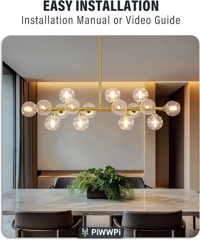 Glass Globe Sputnik Chandelier, 16-Light Mid Century Modern Light Fixture Over Table, Linear Chandeliers for Dining Room, Kitchen Island, Brass Gold and Clear Bubble, 40 Inch, GC-02