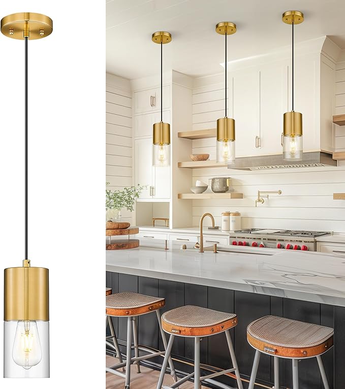 Gold Pendant Lights Kitchen Island, Hanging Lights Fixtures with Cylinder Clear Glass, Modern Brass Kitchen Pendant Lighting Over Island for Dining Room, AD-24023-1P-GD