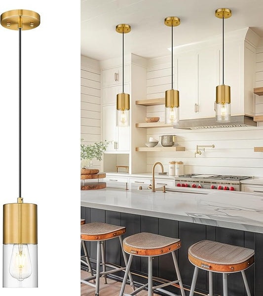 Gold Pendant Lights Kitchen Island, Hanging Lights Fixtures with Cylinder Clear Glass, Modern Brass Kitchen Pendant Lighting Over Island for Dining Room, AD-24023-1P-GD