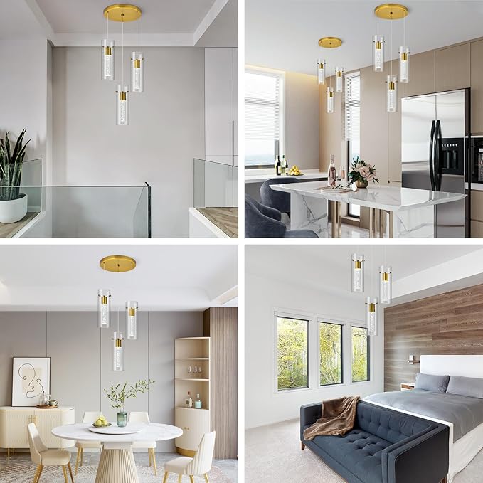 Pendant Ceiling Light Fixture for Kitchen Island, Gold Pendant Light Integrated LED Hanging Light with Crystal Bubble Glass Pendant Light Modern Pendant Lights Kitchen Island (3-Light)