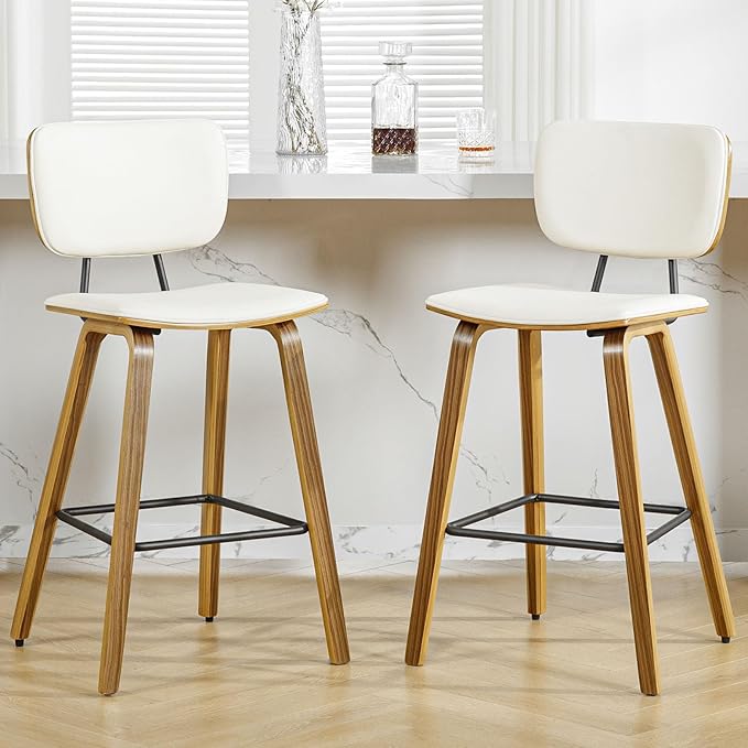 Counter Height Bar Stools Set of 2, PU Leather Upholstered Barstools with Backs, Bent Wood Legs, 26 Inch Seat Height, Mid Century Modern Counter Stools for Kitchen Island, Cream White