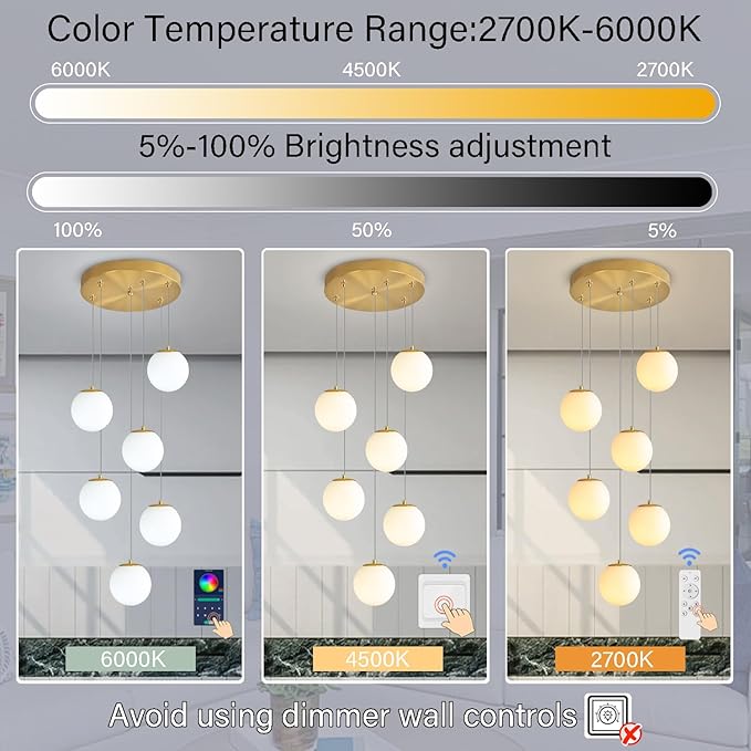 H 87in Globe Pendant Light 6-Lights Modern Hanging Chandelier for Kitchen Island Mid Century Globe Chandelier Milk White Glass Pendant Lighting for Living Room Bedroom Entryway