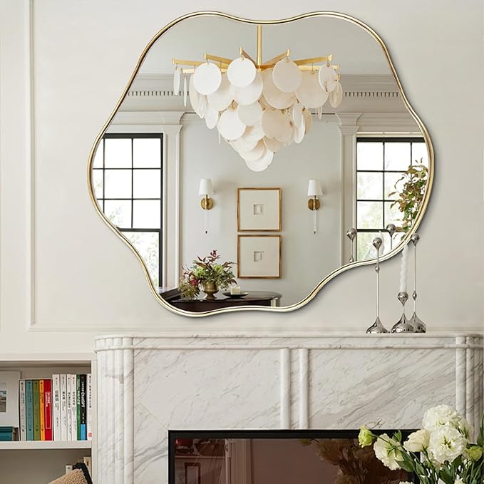 Gold Irregular Mirror, Scalloped Rounded Mirror, 30"x26.8" Asymmetrical Wall Mirrors, Wavy Decorative Mirrors for Living Room Bathroom Bedroom Hallway Entryway Fireplace