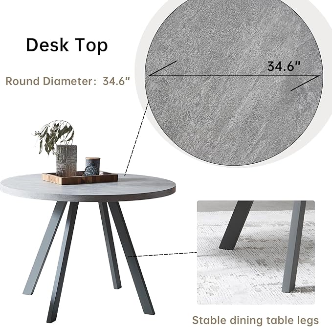34.6'' Round Dining Table Mid Century Modern Small Round Coffee Table, Saving Space (Small Grey Table)