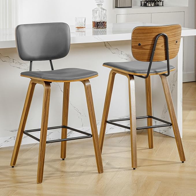 Counter Height Bar Stools Set of 2, PU Leather Upholstered Barstools with Backs, Bent Wood Legs, 26 Inch Seat Height, Mid Century Modern Counter Stools for Kitchen Island, Grey