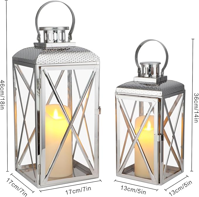 TRIROCKS Stainless Steel Lantern 18'' & 14" H Set of 2-Square Elegance Metal Candle Lanterns Candle Holder with Tempered Glass for Home Garden Indoor Outdoor Decor Celebratory