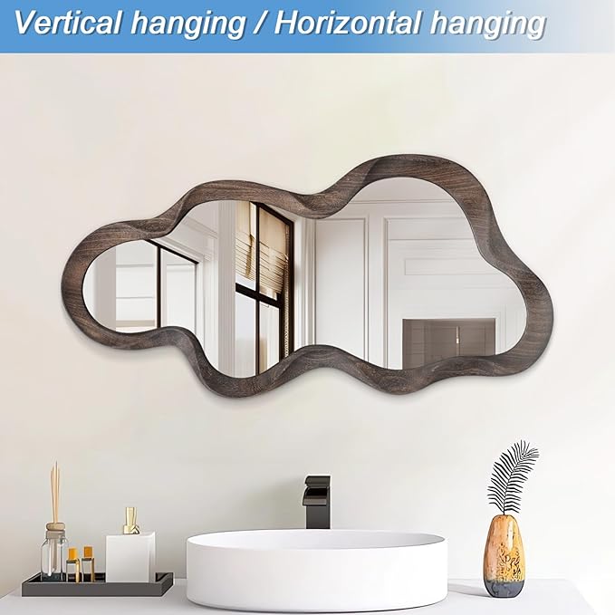 Asymmetrical Cloud Mirror - Irregular Wood Frame, Modern Artistic Wall Mirror, Decorative for Bathroom, Living Room, Bedroom, Entryway & Hallway - 90x50cm