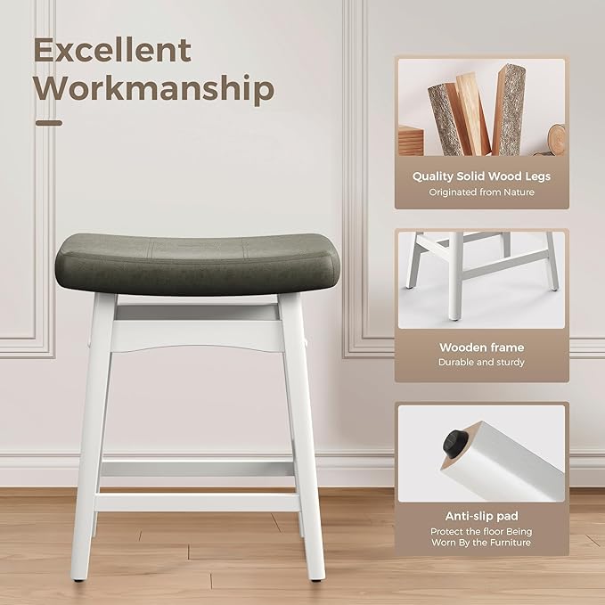 MAISON ARTS White Counter Height Bar Stools for Kitchen Counter Solid Wood Legs with Faux Leather Saddle Seat Farmhouse Barstools for 34"-38" Counter Island Upholstered Stools, 24in Height