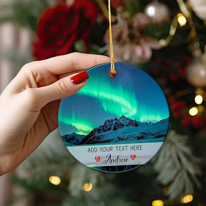 Personalized Text/Name Northern Lights in Iceland Ceramic Ornament Christmas 2025, Northern Lights Iceland Ornament for Xmas Tree, Custom Aurora Borealis Travel Souvenir Ornaments Gift for Men Women
